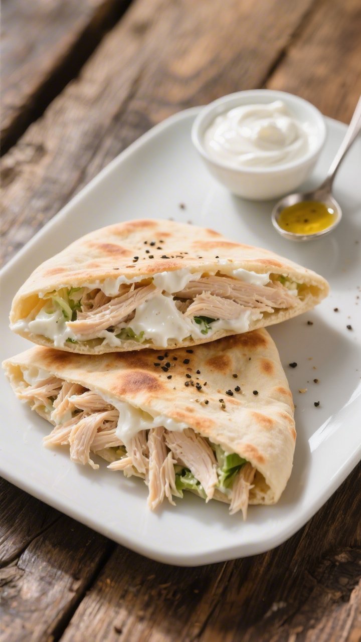 A 45-degree plated presentation of a Greek yogurt chicken salad flatbread: two warm, soft 8-inch flatbreads folded and filled with juicy shredded chicken bound in thick, glossy plain Greek yogurt, a faint sheen from a touch of Dijon, sprinkled with cracked pepper. The filling looks creamy yet chunky, with visible chicken fibers and yogurt’s smooth texture. Served on a white ceramic plate over a rustic wood table, a small bowl of extra Greek yogurt and a tiny spoon with a dab of Dijon set to the side. Natural light, clean Mediterranean vibe, focus on the luscious, high-protein creaminess.