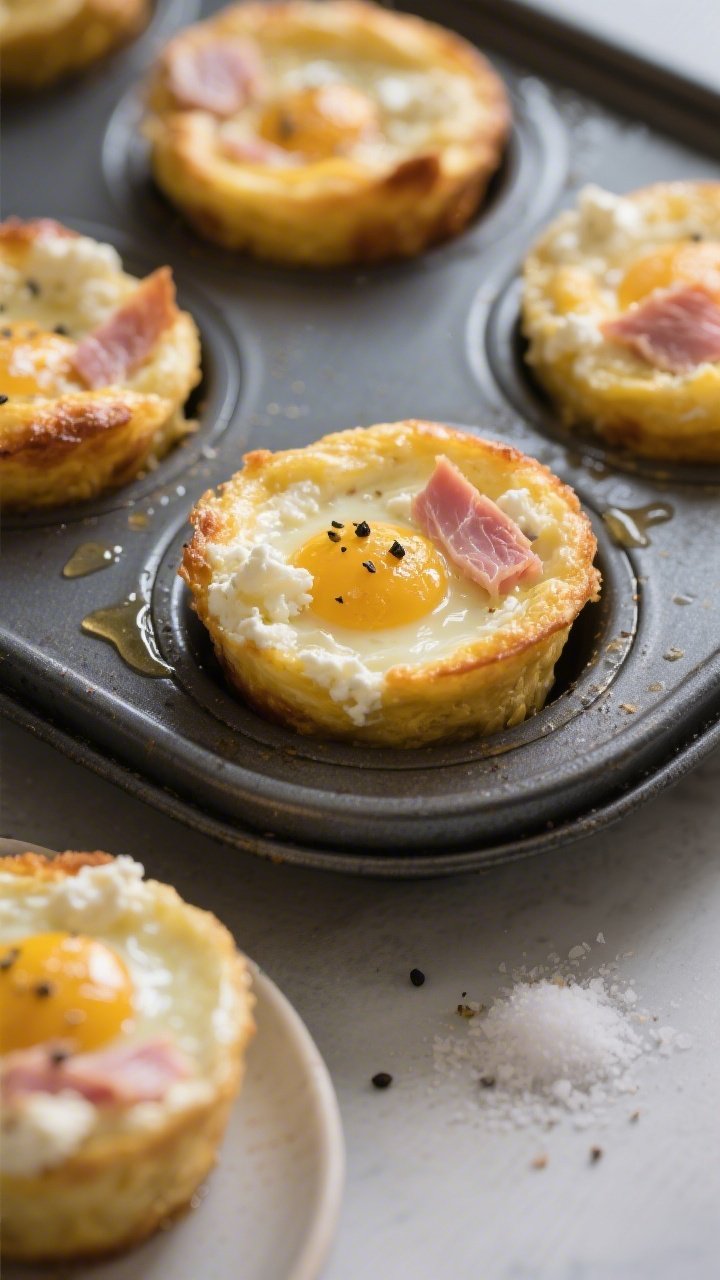 A straight-on close-up of cottage cheese egg bites with smoked turkey, fresh from the oven: golden, puffed mini frittata-style bites set in a dark nonstick muffin tin lightly glossed with oil, speckled with black pepper. Cross-section of one bite on a small plate shows silky custardy eggs studded with small-curd cottage cheese and fine pink flecks of smoked turkey. A pinch of salt nearby, with soft morning light catching the glossy, tender surface. Minimalist styling to highlight texture and protein-rich simplicity.