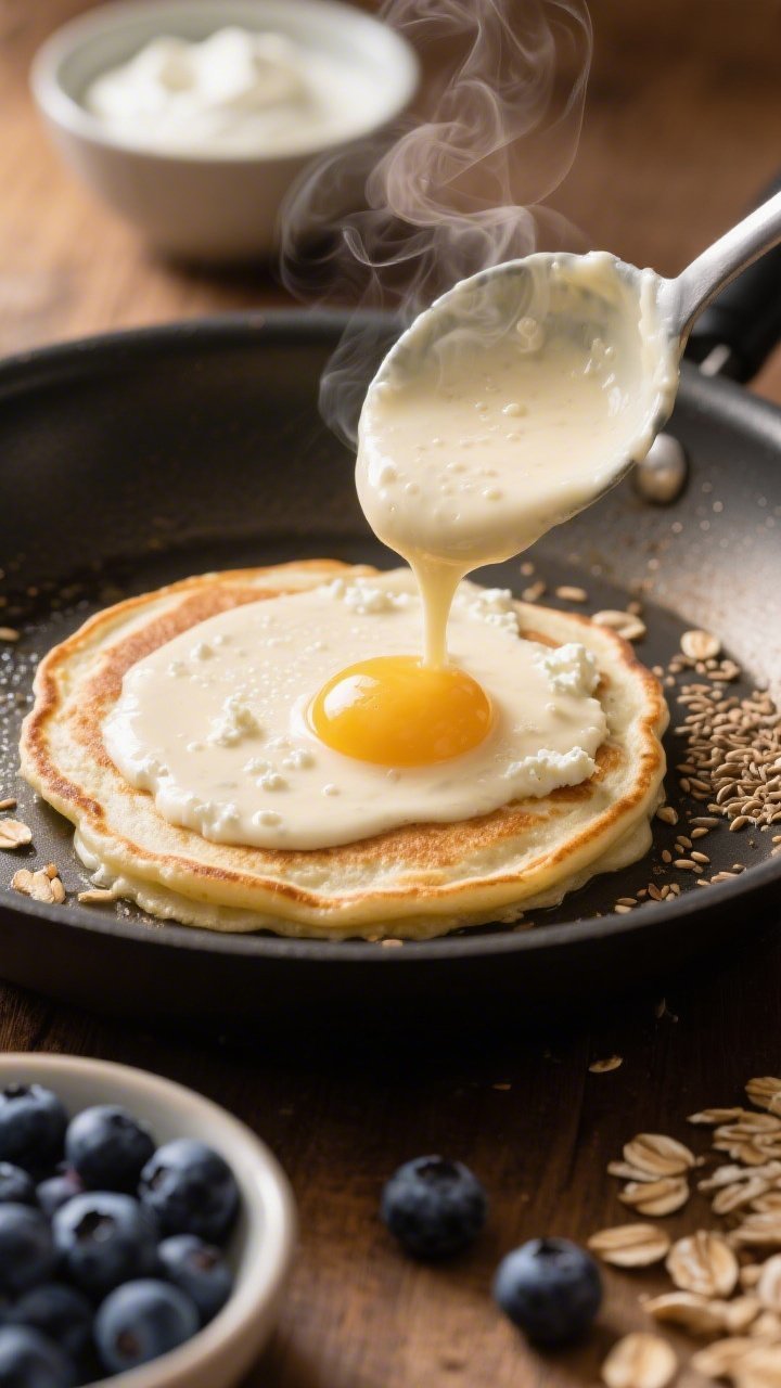 Action-focused 45-degree cooking process shot for High-Fiber Protein Pancakes: oat-and-cottage-cheese batter (rolled oats, cottage cheese, liquid egg whites, whole egg, ground flaxseed, baking powder, pinch of salt) being ladled onto a hot nonstick skillet; edges setting, tiny bubbles forming. A bowl of fresh blueberries ready to scatter, and a small bowl of Greek yogurt for topping in the background. Warm, natural light with gentle steam rising, evoking hearty, wholesome comfort.