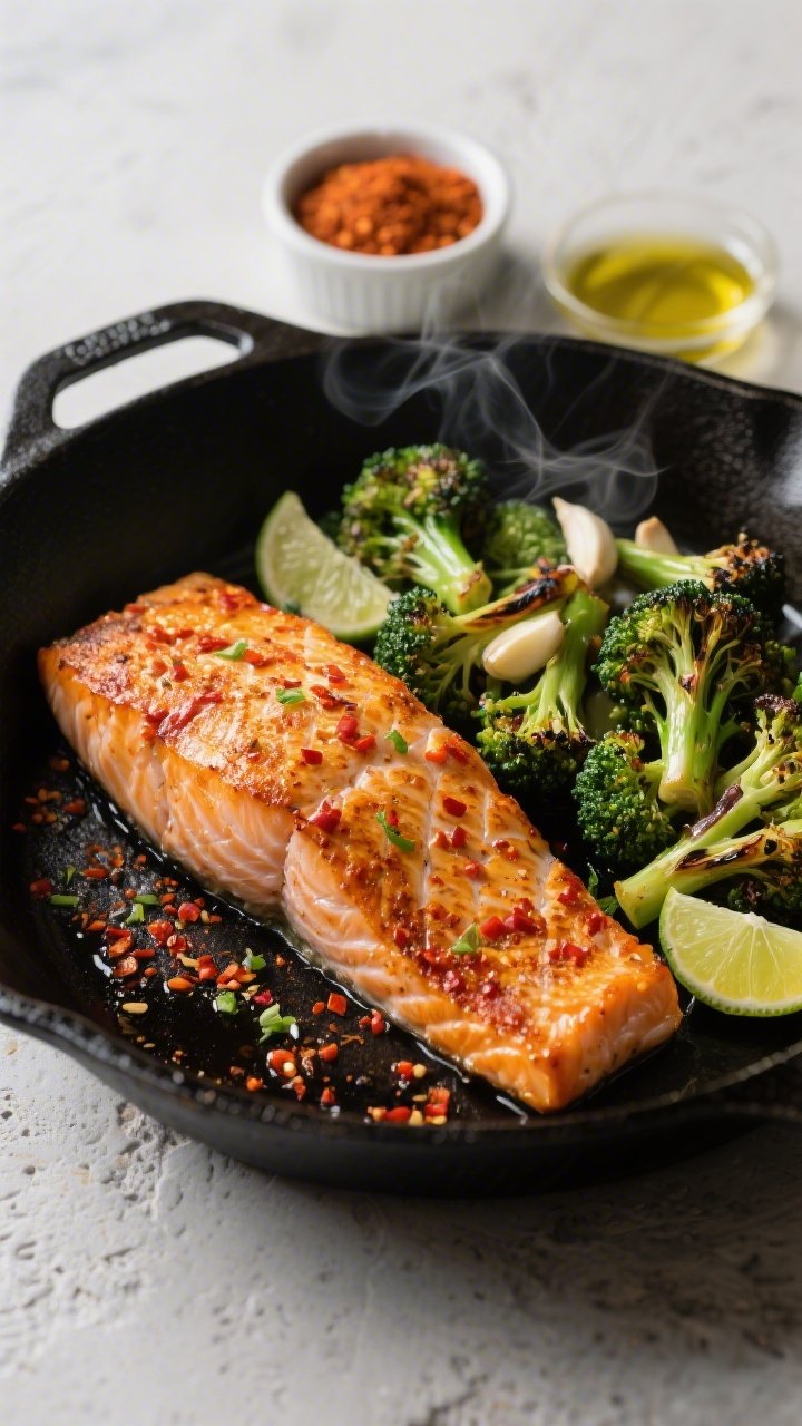 An overhead shot of crispy chili-lime salmon and garlicky broccoli just off the skillet: a golden, crackly-skinned 1 lb salmon fillet dusted with vibrant red-orange chili-lime seasoning, nestled beside charred-edge broccoli florets glistening with olive oil and garlic, lime zest scattered for brightness. Styled on a matte black cast-iron skillet over a light stone surface, with a small ramekin of Tajín-style seasoning and a drizzle of olive oil nearby. Steam visible, high contrast lighting to emphasize crispy texture and verdant greens, no people.