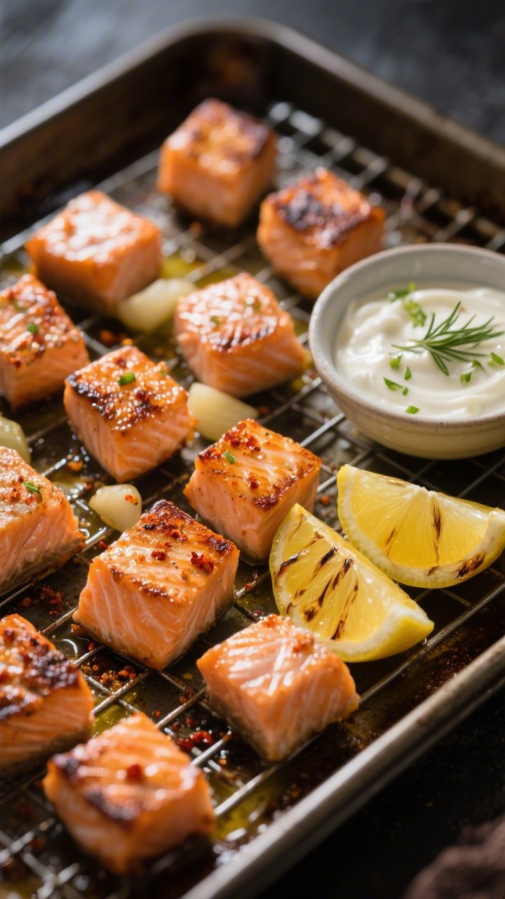 Close-up 45-degree action shot of sheet-pan broiler salmon bites just out of the oven: caramelized 1-inch cubes with a light char, rubbed in olive oil, smoked paprika, garlic powder, onion powder, and a touch of chili flakes; edges crisp, centers glossy and flaky; served alongside a small bowl of lemon garlic yogurt sauce with lemon zest and dill, plus charred lemon wedges; on a preheated, slightly darkened sheet pan over a wire rack, dramatic directional light to emphasize texture and sizzle.