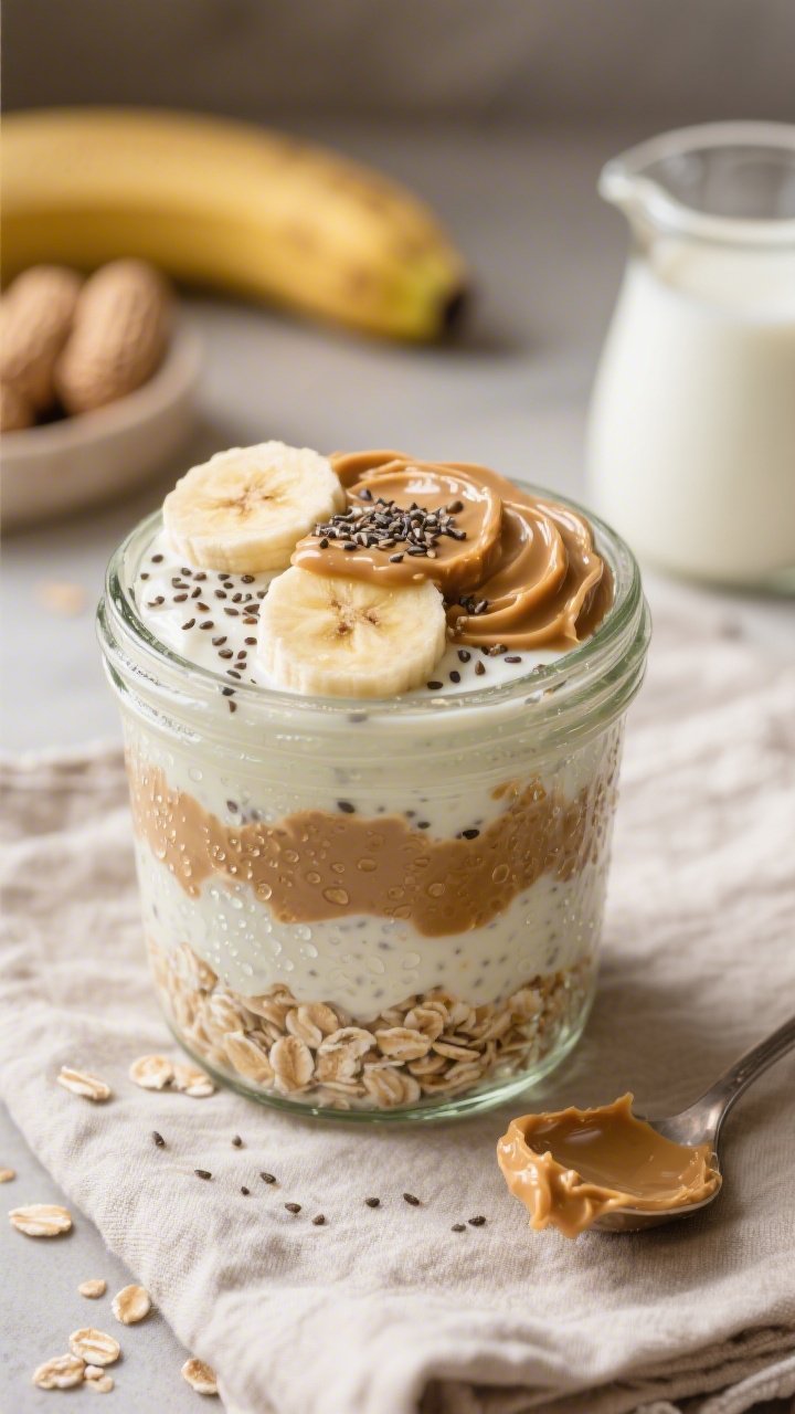 Close-up, 45-degree angle of Peanut Butter Banana Overnight Oats layered in a clear glass jar: creamy old-fashioned rolled oats soaked in unsweetened almond milk and plain Greek yogurt, chia seeds and ground flax speckled throughout, topped with neat banana slices, a generous peanut butter swirl, and a sprinkle of extra chia and flax. Condensation on the jar for a chilled look; background props include a small pitcher of almond milk and a spoon with a dab of peanut butter. Soft, cozy morning mood with neutral linens.