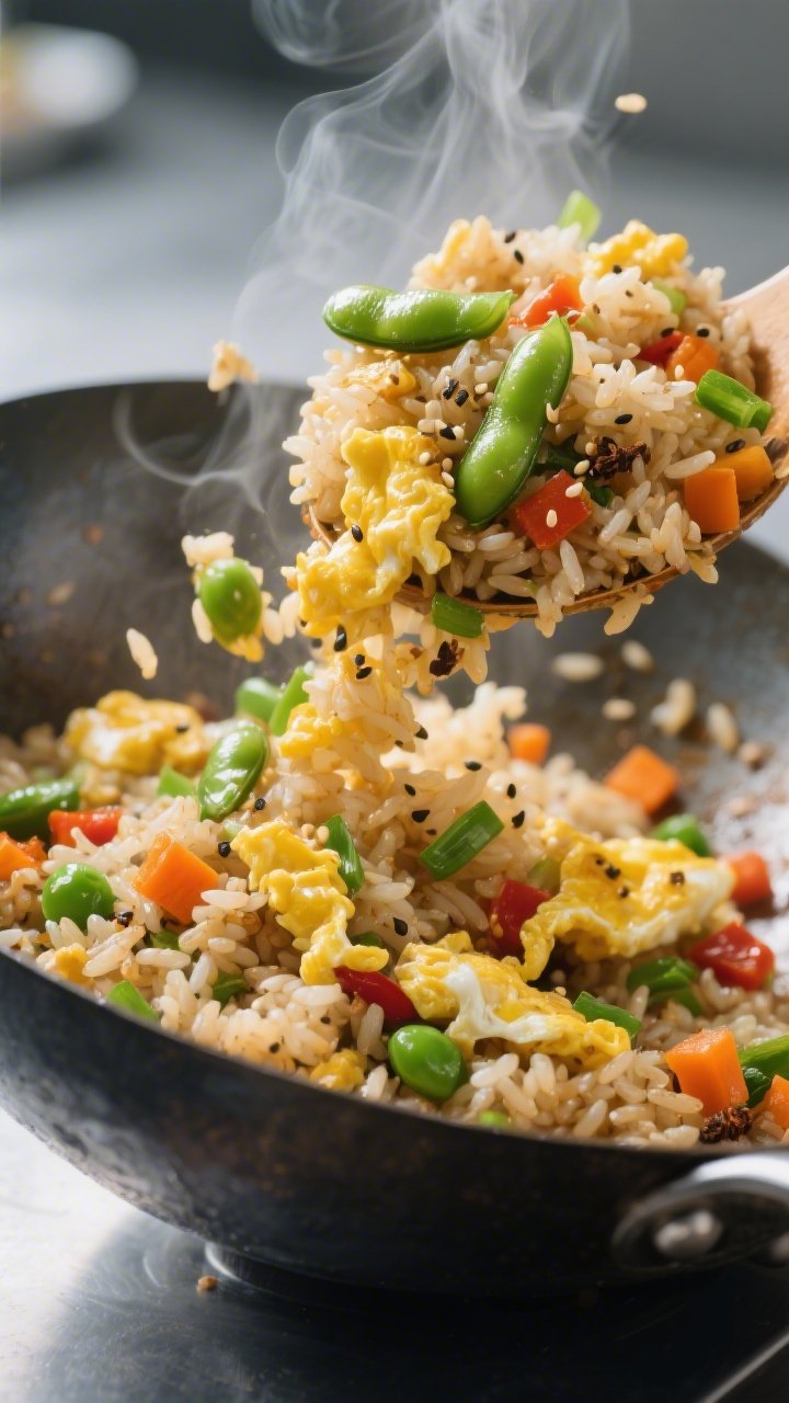 Close-up action shot of five-spice egg fried rice being tossed in a carbon-steel wok at a 45-degree angle: day-old rice grains separated and glossy, fluffy scrambled egg ribbons, bright green edamame, and mixed diced veggies (carrot, peas, bell pepper) with visible specks of Chinese five-spice; a wisp of steam rising, slick sheen from oil, and a sprinkle of sesame seeds and sliced scallions to finish; clean, modern kitchen backdrop blurred for depth.