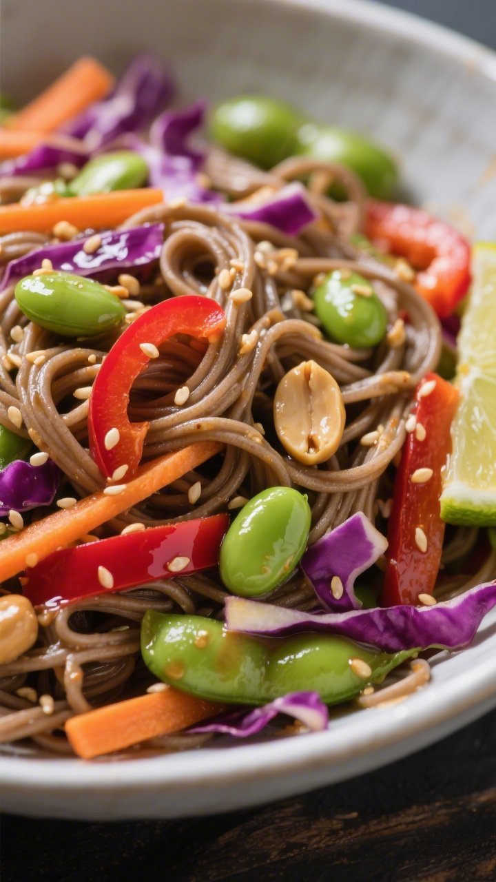 Close-up bowl shot of crunchy peanut soba salad: tangle of 100% buckwheat soba noodles tossed with shelled edamame, shredded red cabbage, julienned carrot, and thinly sliced red bell pepper. The glossy peanut dressing clings to strands, with sesame seeds and a squeeze of lime visible. Emphasize contrasting textures—crisp veg against silky noodles—and vibrant purples, greens, and oranges. Shallow depth of field, a few edamame and cabbage shreds on the rim for realism, bright natural light for a fresh, energizing feel.
