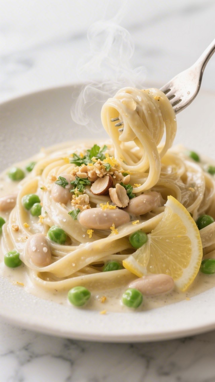 Close-up of creamy white bean Alfredo pasta: whole-wheat fettuccine coated in a silky cannellini bean and vegetable broth Alfredo, glossy and twirlable, studded with sweet green peas; finished with a bright lemon zest shower and a crunchy toasted almond gremolata (toasted almonds, parsley, lemon); steam rising, microdroplets of sauce on noodles, fork lifting a twirl; neutral plate on marble, high key lighting to emphasize creaminess and contrast between pale sauce, green peas, and golden gremolata.