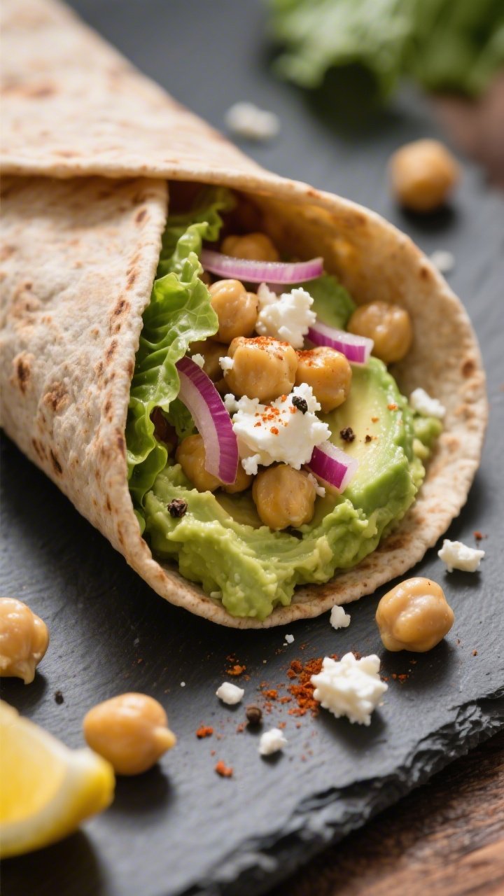 Close-up of smoky chickpea and avocado protein wraps with feta crunch: a whole-grain tortilla spread with mashed avocado blended with lemon juice, smoked paprika, ground cumin, kosher salt, and black pepper; layered with whole chickpeas, crumbled feta, thin red onion, and crunchy romaine; wrap partially folded to reveal filling, a few chickpeas and feta crumbles scattered on the slate board; warm tones, shallow depth of field emphasizing creamy avocado against chickpea texture, natural noon light.