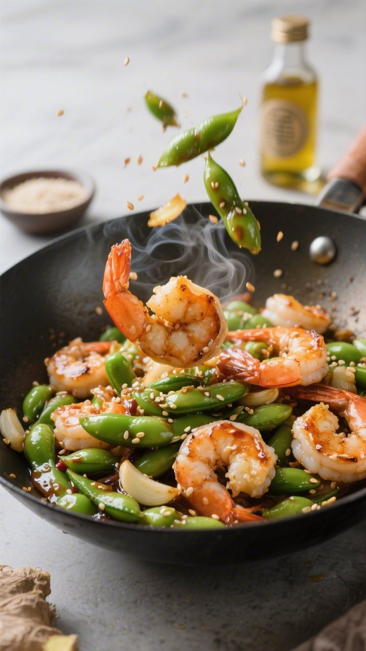 Dynamic wok-side 45-degree action shot of Garlicky Shrimp and Edamame Stir-Fry with Ginger-Soy Glaze: plump large shrimp, lightly coated with cornstarch, seared to a light char, tossed with bright green edamame in a glossy sesame oil and ginger-soy glaze; visible ginger slivers and sesame seeds, a sheen from low-sodium soy sauce; captured mid-toss in a carbon-steel skillet, with a small dish of cornstarch and a bottle of sesame oil in the background; high contrast, appetizing caramelization, steam curling upward.