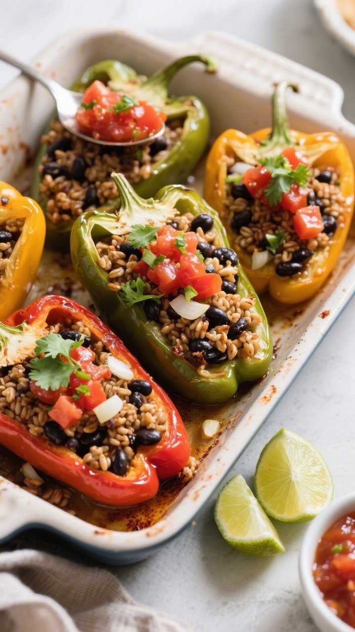 Ingredient-forward 45-degree shot of black bean and farro stuffed peppers just out of the oven: four bell peppers (mixed colors) standing upright, filled with a visible mix of nutty farro and black beans scented with cumin and smoked paprika, flecks of finely diced onion and garlic throughout. Topped with a spoonful of tomato-lime salsa (diced tomatoes, lime zest and juice) cascading slightly over the edges, garnished with cilantro. Set in a enamel baking dish with cut pepper tops off to the side, lime wedges and a small bowl of salsa nearby. Clean, natural light to make the peppers glossy and the filling look hearty and inviting.