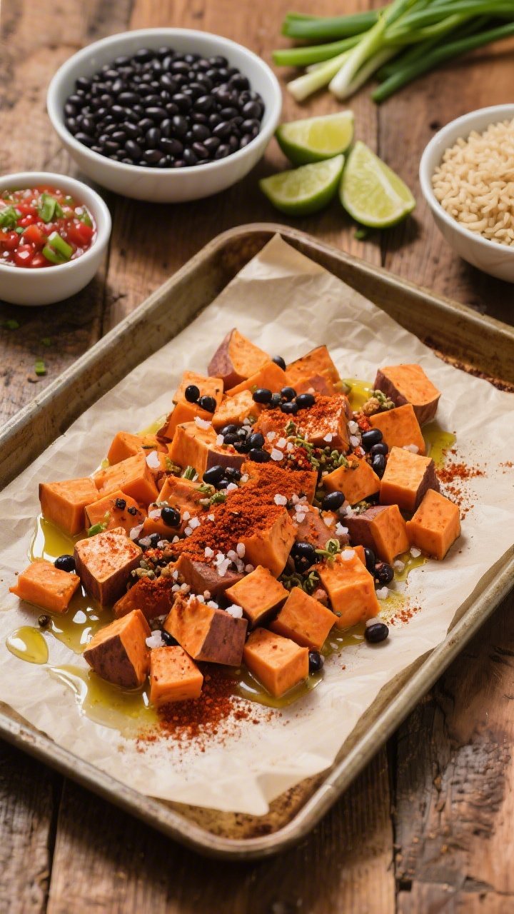Ingredient-prep flat lay for smoky black bean sweet potato burrito bowls: raw diced sweet potatoes tossed with olive oil, smoked paprika, cumin, chili powder, salt, and black pepper on a parchment-lined sheet pan; bowls of black beans and cooked brown rice nearby; lime wedges, sliced green onions, and a small bowl of salsa ready for topping; warm, rustic wooden surface, overhead perspective, vibrant orange sweet potatoes contrasted against inky black beans to emphasize color and spice.