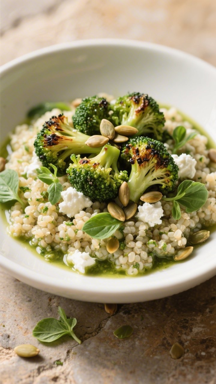 Overhead bowl shot of creamy cottage cheese pesto quinoa with roasted broccoli and pepitas: fluffy quinoa cooked in vegetable broth, folded with a vibrant cottage cheese–basil pesto to a light green creaminess. Crown with roasted broccoli florets (olive oil, kosher salt, black pepper) showing charred tips, and a generous sprinkle of toasted pepitas. Add micro basil leaves and a light olive oil sheen. Present in a wide white bowl on a warm stone backdrop, balanced composition emphasizing creamy grains, bright green broccoli, and crunchy seeds, soft window light for a cozy, wholesome vibe.