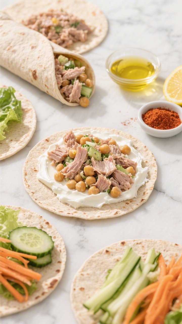 Overhead flat lay of smoky chickpea tuna salad wraps being assembled on a light marble surface: whole-wheat tortillas spread with a creamy mix of drained tuna, cooked chickpeas, plain Greek yogurt, olive oil, lemon juice, Dijon mustard, and smoked paprika. Surround with crunchy veg add-ins like thinly sliced cucumber, shredded carrot, and romaine ribbons for texture. Show a small bowl of smoked paprika and a lemon wedge, a drizzle of olive oil catching light, and one wrap half-rolled to reveal the chunky, smoky, high-protein filling. Clean, bright midday lighting, crisp textures, no people.