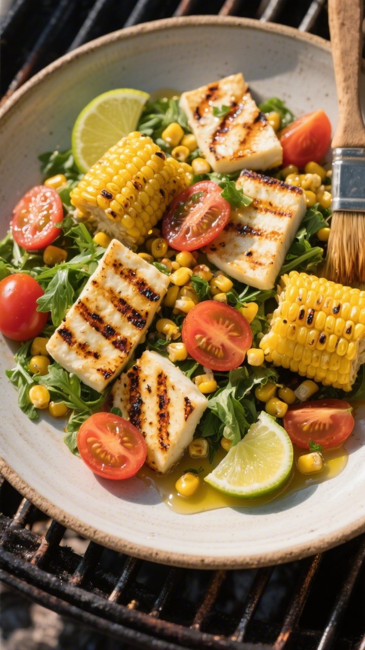 Overhead grill-to-plate scene of charred corn and halloumi salad with honey-lime vinaigrette: caramelized corn kernels freshly cut from grilled ears, golden-seared halloumi slices, halved cherry tomatoes, and torn fresh herbs arranged in a rustic shallow platter; visible brush of olive oil, drizzle of glossy honey-lime dressing pooling lightly; lime halves and grill marks on halloumi emphasized; bright, savory-sweet contrast, summer cookout energy.