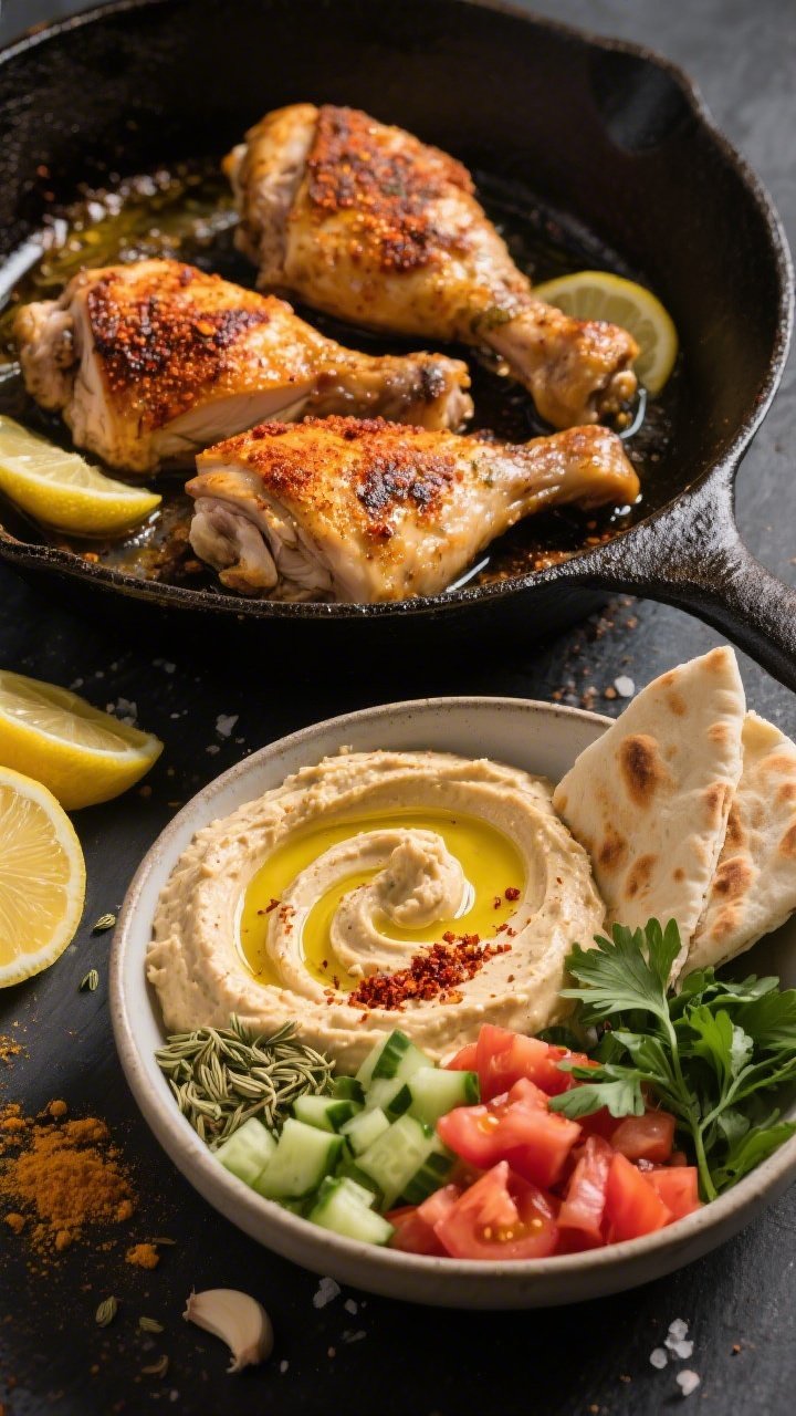 Overhead ingredient-to-assembly scene for Creamy Hummus Chicken Shawarma Bowl: spiced chicken thighs sizzling in a cast-iron pan, coated with olive oil, lemon juice, cumin, paprika, coriander, turmeric, garlic powder, and kosher salt. Adjacent bowl shows a generous swoosh of creamy hummus topped with olive oil and sumac, ready to be layered with the sliced shawarma chicken, diced tomato, chopped cucumber, and parsley. Warm pita wedges and lemon halves on the side; moody, directional light highlighting golden spice crust.