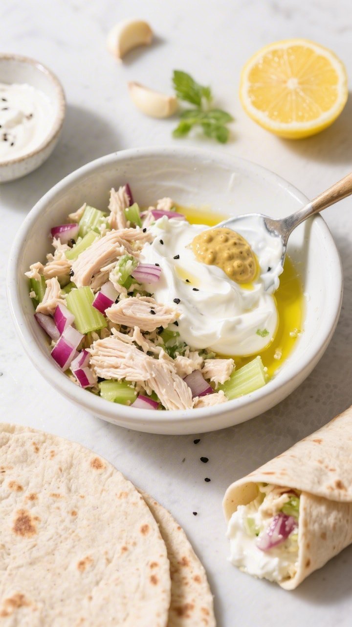 Overhead ingredient-to-assembly scene for Greek yogurt chicken salad wraps: diced/shredded cooked chicken in a mixing bowl swirled with plain Greek yogurt, olive oil, lemon juice, Dijon mustard, and a hint of garlic; the mixture studded with celery and red onion (finely chopped) and sprinkled with black pepper; whole-wheat tortillas nearby, a spatula mid-scoop, lemon half and a drizzle of olive oil on the side; one wrap partially rolled showing creamy, mayo-free filling; bright, clean, deli-fresh vibe.