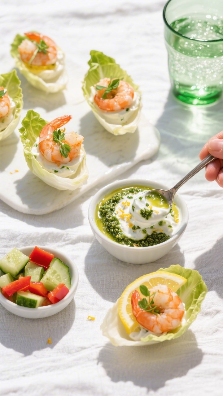 Overhead ingredient-to-assembly scene for zippy Greek yogurt pesto shrimp cups: chilled cooked shrimp arranged beside a small bowl of tangy Greek yogurt mixed with basil pesto, lemon juice, and lemon zest; miniature lettuce cups (or endive leaves) ready to be filled, with diced crunchy veg like cucumber and red bell pepper in tiny dishes; a spoon dolloping the green-flecked yogurt into cups, shrimp placed on top, microgreens and extra zest sprinkled; bright, breezy styling on a white linen with a green glass of sparkling water, crisp summer freshness.