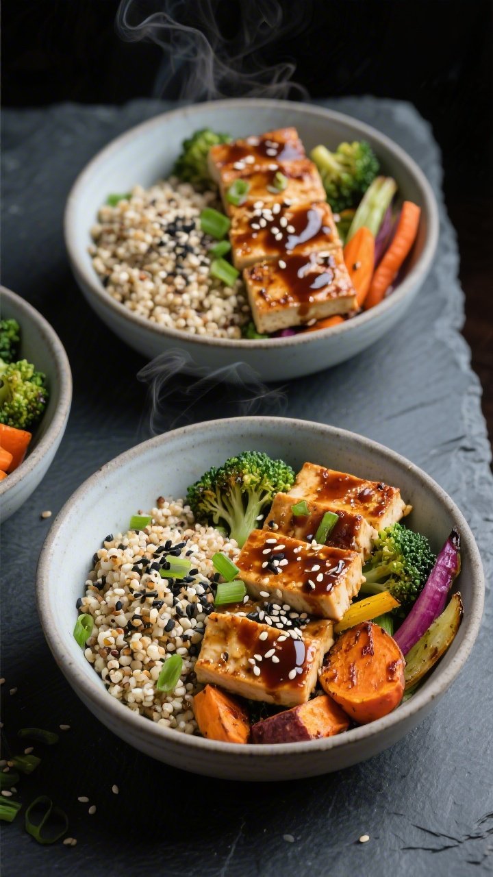 Overhead power bowl assembly scene for miso-ginger tempeh bowls: neat sections of sesame quinoa (rinsed quinoa cooked fluffy, speckled with toasted sesame seeds and sesame oil), roasted broccoli florets and rainbow veg (such as carrots and sweet potatoes) with caramelized edges, and lacquered miso-ginger tempeh slices; drizzles of extra sauce, a sprinkle of scallions, and black/white sesame seeds; matte ceramic bowls on a slate surface, vibrant colors against dark background, crisp textures and steam hints from roasted veg.
