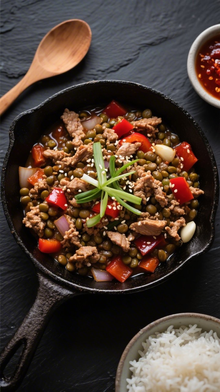 Overhead shot of a chili-garlic turkey lentil skillet sizzling in a black cast-iron pan: lean ground turkey crumbles, tender brown/green lentils, diced red bell pepper, diced onion, and visible minced garlic, glossy from low-sodium broth reduction; garnished with thinly sliced scallions and sesame seeds for a takeout-inspired vibe; set on a dark slate surface with a wooden spoon, a small bowl of chili-garlic sauce, and a side dish of steamy rice in frame; moody lighting, high contrast to emphasize saucy sheen and hearty texture.