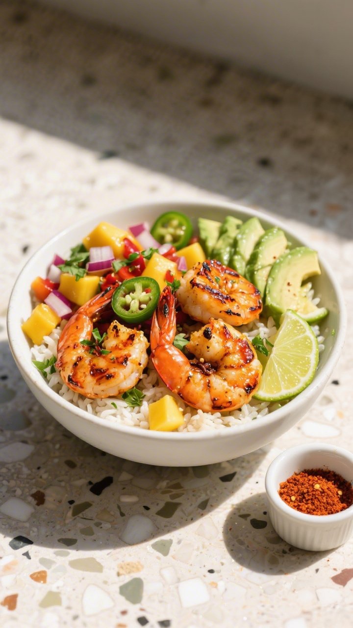 Overhead shot of a Chili Lime Shrimp Power Bowl: charred chili-lime shrimp glistening with olive oil, chili powder, smoked paprika, cumin, garlic powder, kosher salt, and lime zest, nestled over fluffy cilantro-lime rice with juicy diced mango salsa (mango, red onion, jalapeño, cilantro, lime), creamy avocado slices, and lime wedges. Vibrant, summery colors with coarse chili powder visible on shrimp, styled in a white ceramic bowl on a sunlit terrazzo surface, small ramekin of extra chili-lime seasoning nearby, no people.
