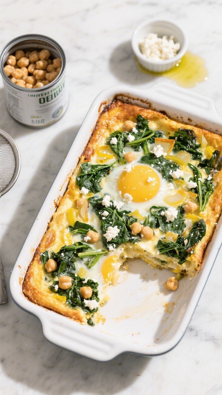 Overhead shot of a freshly baked Power Greens Egg Bake in a rectangular enamel baking dish: golden top with crumbled feta, tender chickpeas visible in the custardy egg, ribbons of chopped baby spinach and finely chopped kale throughout, diced yellow onion caramelized at the edges, a light gloss from olive oil. Slice partially removed onto a white plate to show fluffy interior; props include the opened 15-ounce can of chickpeas drained in a small sieve, a ramekin of feta crumbles, and a drizzle of olive oil on a marble surface. Bright morning light, crisp shadows, clean, wholesome vibe.