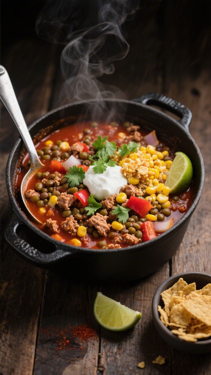 Overhead shot of a hearty smoky lentil–turkey chili simmered in a matte black Dutch oven, showcasing lean ground turkey crumbles, tender brown/green lentils, diced yellow onion, red bell pepper, and visible minced garlic, with golden corn kernels folded in and a crunchy corn topping on the side. Garnish with chopped cilantro and a dollop of Greek yogurt; steam rising, rich brick-red broth with a hint of smoked paprika/chili depth, styled on a rustic wooden table with a ladle, lime wedges, and a small bowl of crushed corn chips for added crunch. Moody, cozy lighting to emphasize texture and warmth.