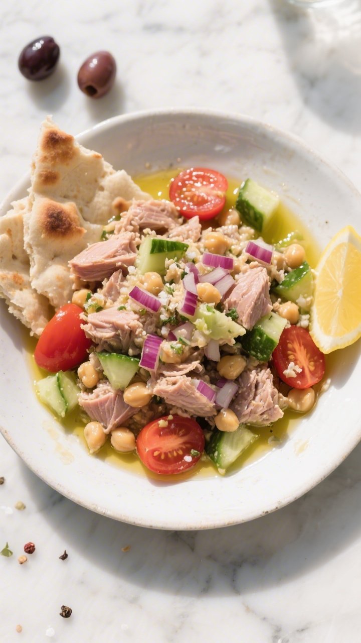 Overhead shot of a rustic Mediterranean tuna smash arranged in a shallow white bowl: chunky olive-oil tuna loosely smashed with creamy chickpeas, dotted with diced cucumber, halved cherry tomatoes, and finely chopped red onion; glossy extra-virgin olive oil glistening, a squeeze of lemon visible on the side, sprinkled sea salt and cracked pepper; served with torn pita wedges and a few kalamata olives on a cool marble surface, bright, sunlit mood, crisp textures and vibrant reds, greens, and golds.