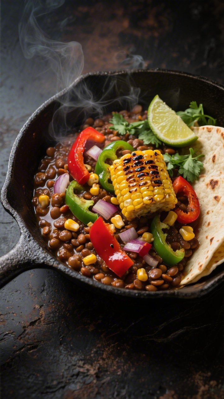 Overhead shot of a smoky chipotle lentil taco skillet: browned lentils simmered in vegetable broth with diced onion, sliced red bell pepper, and sliced poblano/green bell pepper, topped with crisped charred corn and a glistening finish of olive oil; warm tortillas on the side, lime wedges and a sprinkle of chopped cilantro for contrast; cast-iron skillet on a dark rustic surface, moody lighting emphasizing steam and the deep reds and greens, sharp focus on the glossy peppers and crispy corn kernels.