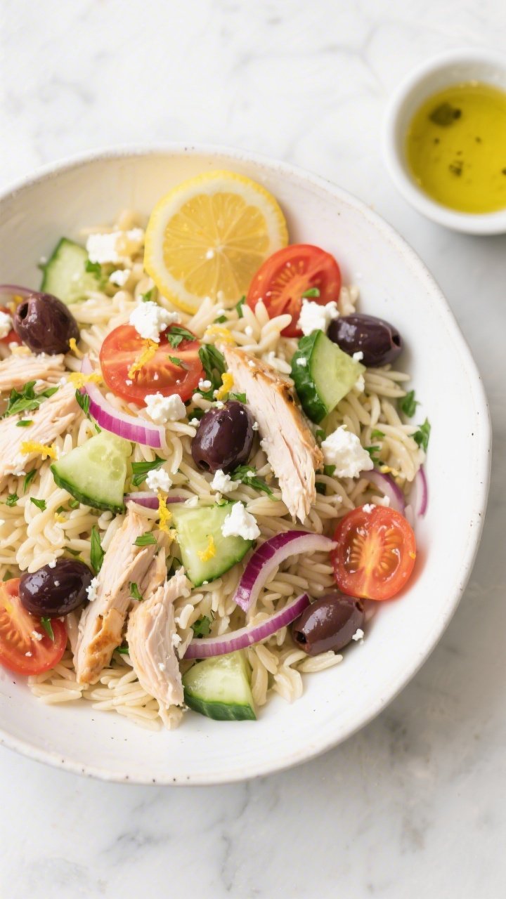Overhead shot of a vibrant lemon-herb chicken orzo salad in a wide white ceramic bowl on a light marble surface: tender orzo folded with shredded rotisserie chicken, halved cherry tomatoes, diced English cucumber, thinly sliced red onion, and chopped fresh herbs; glossy kalamata olives and crumbled feta scattered on top, finished with lemon zest and a drizzle of olive oil; lemon wedges and a small bowl of vinaigrette at the side; bright, picnic-ready mood, crisp textures, no people.
