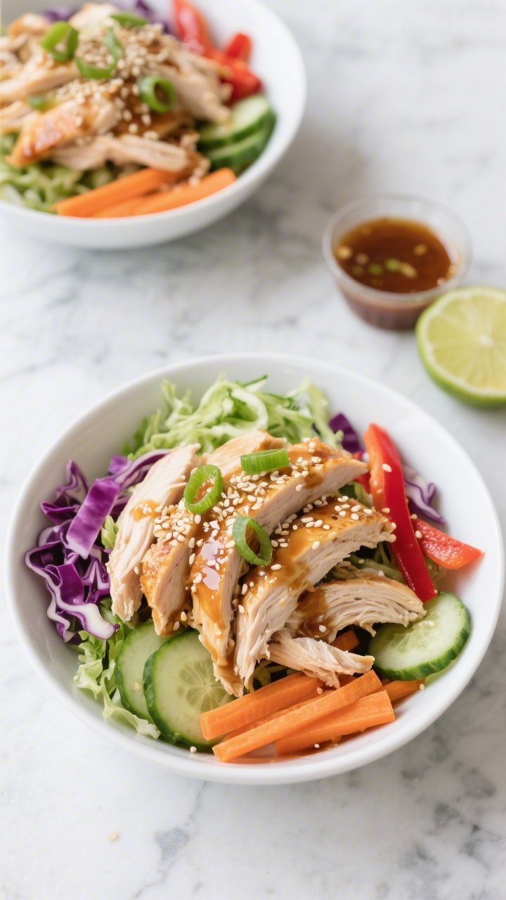 Overhead shot of chilled sesame-ginger chicken crunch bowls: shredded rotisserie chicken (skin removed) piled over a mix of shredded green and purple cabbage, matchstick carrots, thin cucumber rounds, and red bell pepper strips, tossed with glossy sesame-ginger dressing; topped with toasted sesame seeds and scallions; served in wide white bowls on a cool marble surface with a small ramekin of extra dressing and lime wedges; crisp textures, vibrant oranges, purples, and greens, bright natural daylight, no people.