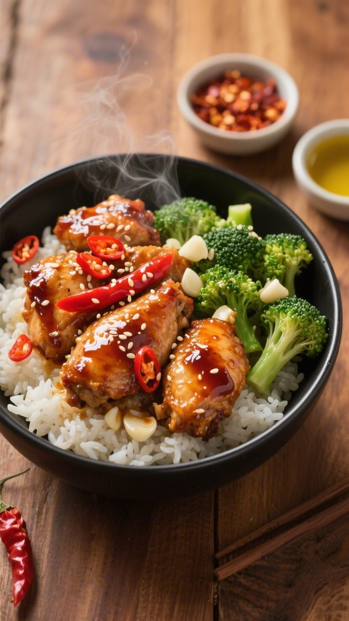 Overhead shot of Fiery Honey-Garlic Chili Chicken Bowls: glossy bite-size chicken thigh pieces seared and lacquered in a sticky honey-garlic chili glaze, scattered with sliced red chilies and sesame seeds, nestled over steamy jasmine rice with crisp sautéed broccoli on the side; visible minced garlic bits clinging to the sauce, soy sauce depth, slight cornstarch sheen; styled in a matte black bowl on a warm wood surface with a small ramekin of chili flakes and a drizzle of neutral oil nearby; bright, appetizing highlights, no people, steam gently rising.