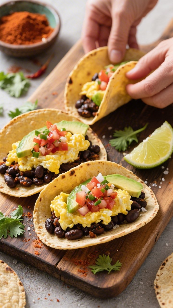 Overhead taco assembly scene for Smoky Black Bean and Egg Power Tacos in 15 Minutes: warm corn tortillas filled with fluffy soft-scrambled eggs, spiced black beans (chili powder, cumin, smoked paprika) glistening with a hint of olive oil, topped with fresh pico de gallo, avocado slices, and a sprinkle of salt; lime wedges and cilantro scattered around; a small bowl of chili powder and cumin nearby; vibrant, fast-and-fresh mood on a rustic wooden board, no hands, everything neatly styled.