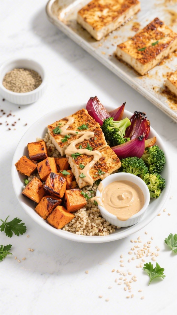 Overhead vibrant power bowl assembly: fluffy quinoa base topped with roasted 3/4-inch sweet potato cubes (caramelized edges), charred broccoli florets, and roasted red onion wedges, paired with spiced, seared tofu slabs dusted with a warm spice blend. Generous tahini-herb drizzle zigzagging over the bowl, with extra sauce in a tiny ramekin. Ingredients arranged in color blocks for contrast; sesame seeds and fresh parsley scattered. Shot on a clean white surface with the roasting sheet pan and a small bowl of spices in frame to convey the prep stage. Bright, punchy lighting for a fresh, energizing mood.