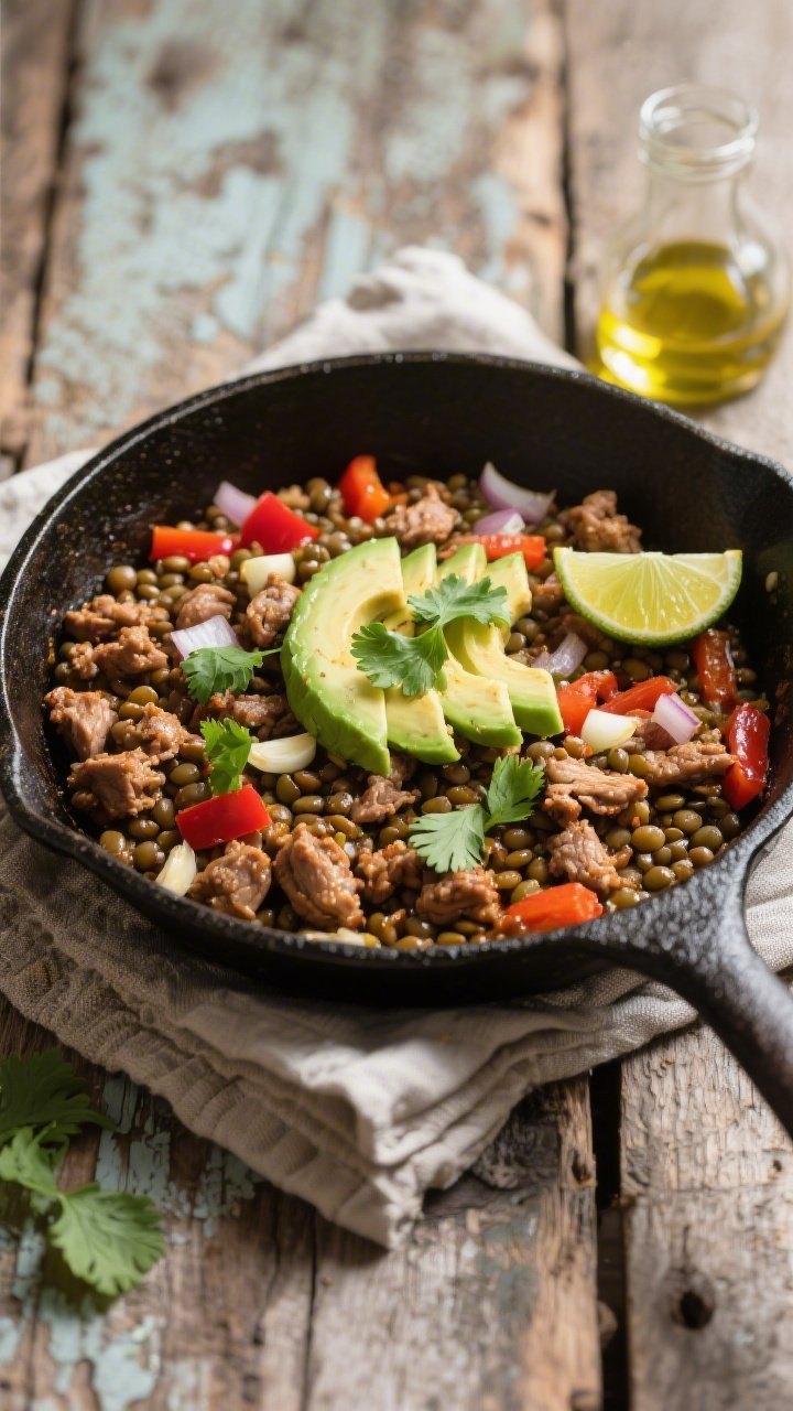 Rustic overhead skillet scene for Spiced Lentil and Turkey Breakfast Skillet: cast-iron pan filled with browned lean ground turkey crumbles, sautéed diced onion, red bell pepper, and minced garlic, folded with earthy brown/green lentils; lightly crisped bits for texture. Garnished with avocado slices fanned on top and a sprinkle of fresh cilantro, lime wedge on the side. Drizzle of olive oil catches the light. Set on a worn wooden table with a linen towel for a hearty, savory morning vibe.