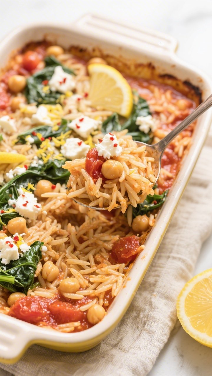 Straight-on casserole reveal of a hearty chickpea orzo bake: bubbling crushed-tomato base with orzo, chickpeas folded throughout, wilted spinach ribbons, crumbled feta melting on top, and bright lemon zest scattered for pop; hints of red pepper flakes dotting the surface; enamel baking dish pulled from the oven, light golden edges on feta, a serving spoon lifting a portion to show saucy strands of orzo and chickpeas; clean, bright styling with a linen napkin and a halved lemon nearby.