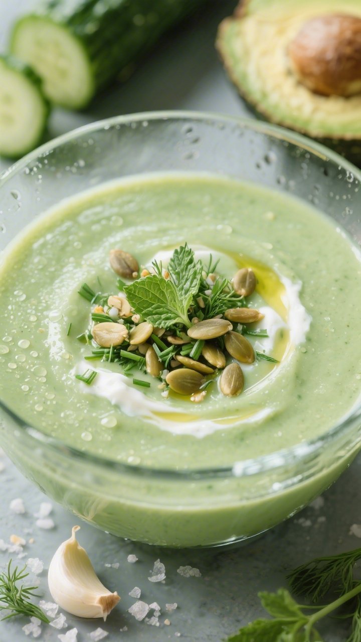 Straight-on close-up of a chilled cucumber-avocado gazpacho poured into a clear glass bowl: pale green, ultra-smooth soup made from English cucumbers, ripe avocados, Greek yogurt, garlic, and cold water, with condensation on the bowl; topped with a crunchy herb mixture (finely chopped dill, mint, chives) and toasted pumpkin seeds; a swirl of olive oil and a pinch of flaky salt; background includes a cut cucumber and halved avocado for context; cool, refreshing mood.