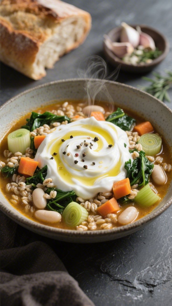 Straight-on close-up of a rustic bowl of hearty bean, barley, and greens stew: pearled barley pearls swollen and glossy, white and light green leek coins (or onion), diced carrots and celery, tender leafy greens folded through, and creamy white beans visible in a savory golden-brown broth. A dramatic garlicky yogurt swirl marbled on top with a sprinkle of cracked pepper and a drizzle of olive oil. Set on a slate backdrop with a chunk of crusty bread and a small dish of minced garlic and herbs nearby. Soft, diffused light to highlight steam and velvety textures.
