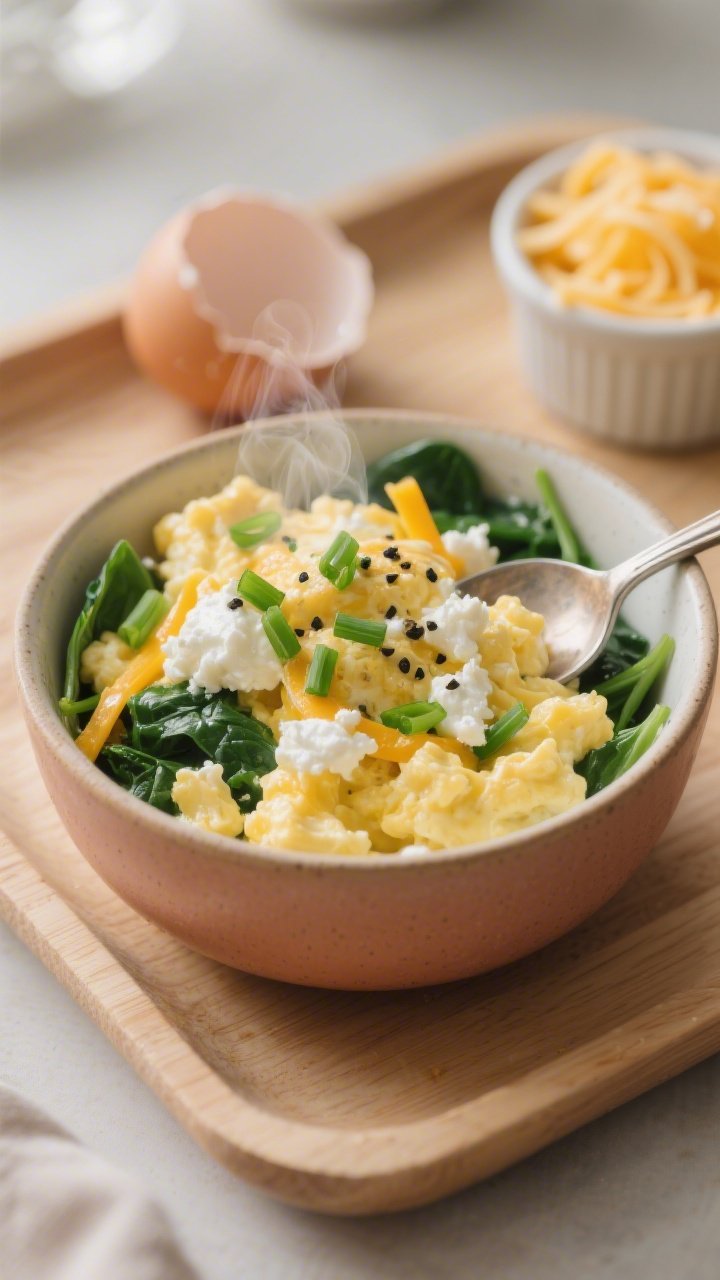 Straight-on close-up of a steaming microwave egg scramble in a warm ceramic bowl: soft, custardy curds of eggs folded with pillowy “clouds” of cottage cheese, melty cheddar strands, and wilted baby spinach; topped with fresh chopped chives/green onion and a grind of black pepper; a spoon resting in the bowl with visible creamy pockets from the cottage cheese; set on a light wood tray with an egg shell half and a small ramekin of shredded cheese blurred in the background, cozy morning light.