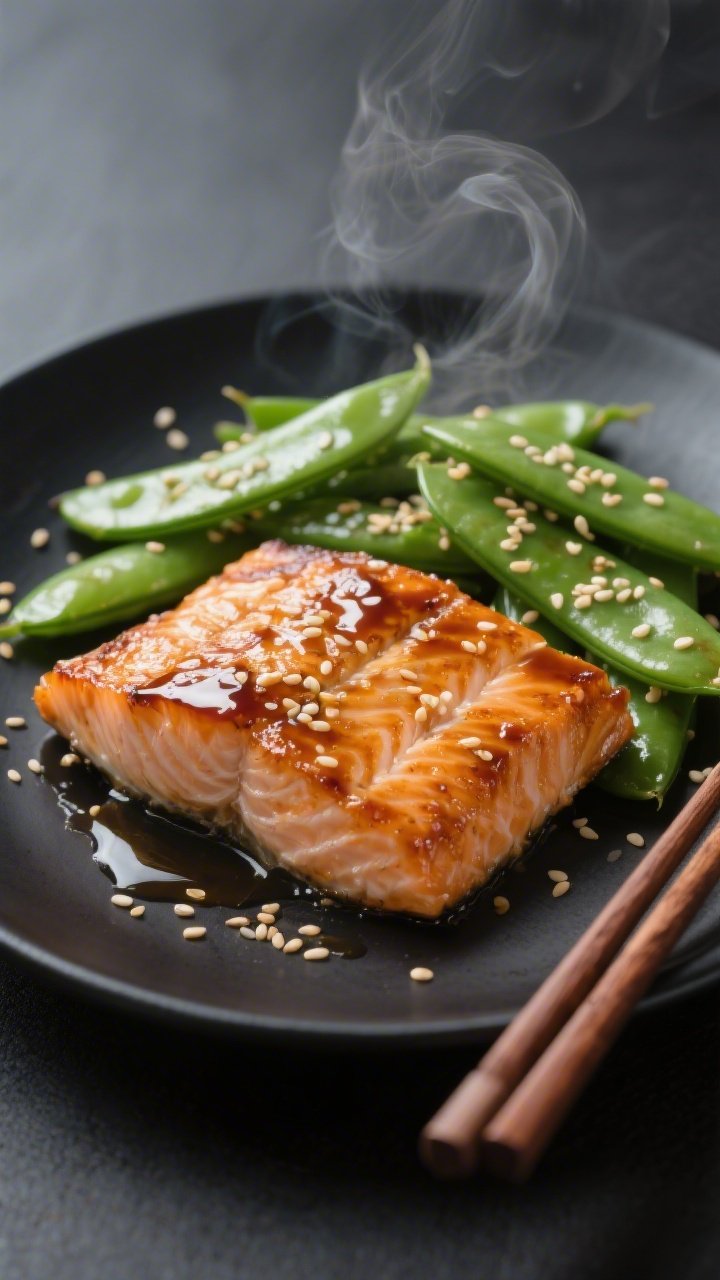 Straight-on close-up of Miso Ginger Salmon with Sesame Snow Peas: lacquered salmon fillets brushed with a glossy glaze of white miso paste, low-sodium soy sauce (or tamari), rice vinegar, maple syrup (or honey), and freshly grated ginger, edges caramelized. Served beside snap-crisp snow peas tossed with toasted sesame seeds and a whisper of sesame oil. Steam rising, sesame seeds scattered on a matte black plate, chopsticks resting on the edge, neutral dark backdrop to emphasize the glaze.