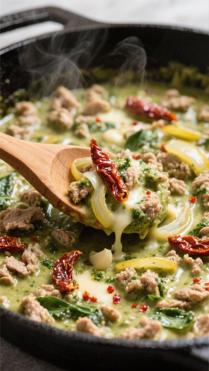 Straight-on close-up of One-Pan Creamy Pesto Turkey Skillet: juicy crumbles of lean ground turkey simmered in a silky basil pesto cream with ribbons of melted cheese pull, sun-dried tomato strips peeking through, flecks of crushed red pepper, and translucent bits of sautéed yellow onion and minced garlic; sauce clinging to a wooden spoon mid-scoop from a black cast-iron skillet; glossy, herbaceous, comforting textures, steam visible, background softly blurred.