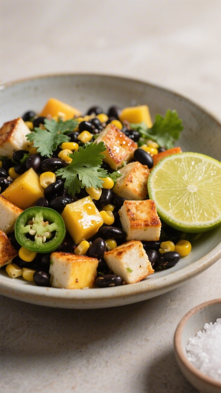 Straight-on composed salad of black bean, corn, and lime halloumi (unfried) with mango: 1/2-inch halloumi cubes tossed with black beans, sweet corn kernels, and golden mango dice (or pineapple), glossy from a lime juice and olive oil drizzle; cilantro leaves and thin jalapeño slices for pop; served in a wide, shallow ceramic bowl with a halved lime and a small pinch bowl of flaky salt nearby; contrasting black, yellow, and orange colors, juicy shine, soft side lighting to emphasize cube edges and bean sheen, no frying shown.