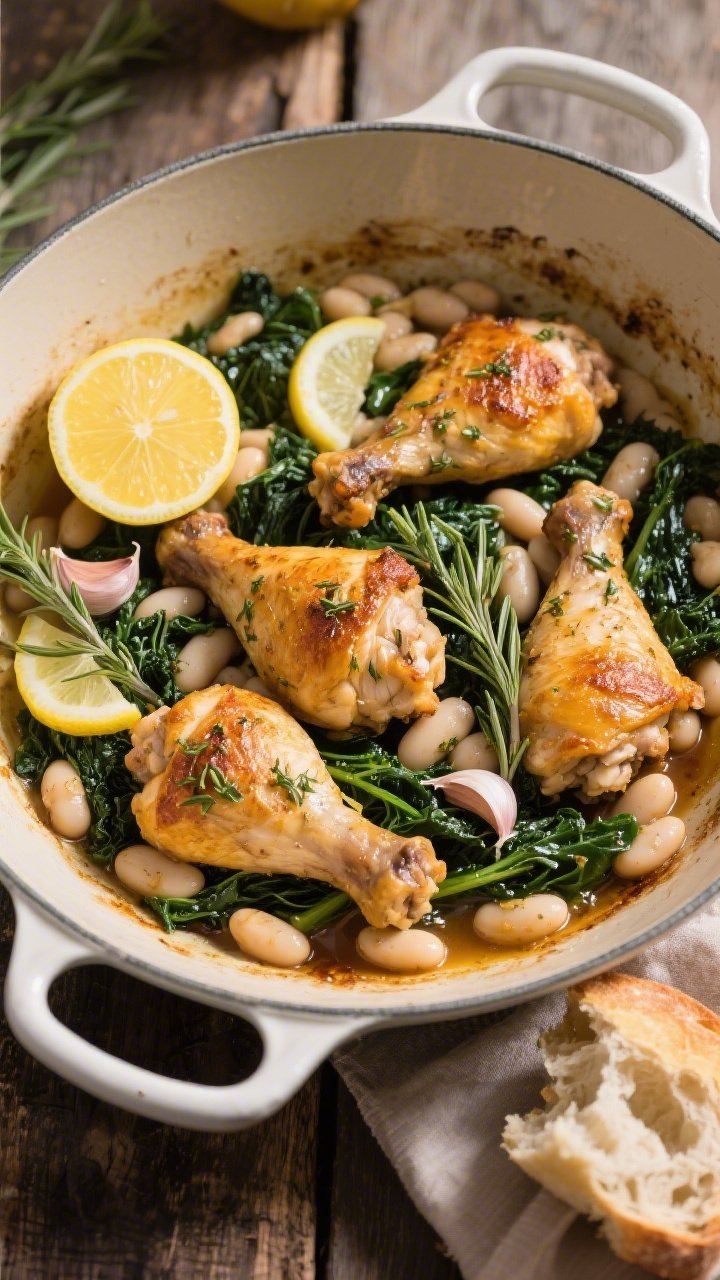 Straight-on, one-pan roast of lemon herb chicken thighs with white beans and greens: golden, crispy skin-on chicken thighs nestled among creamy cannellini beans and wilted kale/Swiss chard/spinach; visible lemon slices, garlic, and herb sprigs (thyme/rosemary) scattered in the pan; pan juices pooling invitingly around the beans; served in an enamel braiser on a rustic table with a lemon half and torn crusty bread at the edge; warm, cozy lighting to emphasize comfort and abundance.