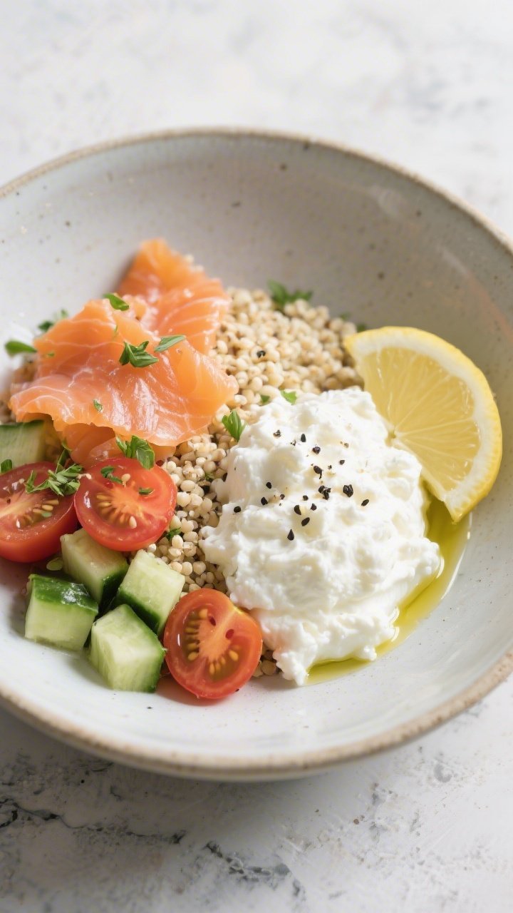 Straight-on plated presentation of a Savory Cottage Cheese Bowl: a shallow ceramic bowl with 2% cottage cheese as the base, a tidy mound of cooled cooked quinoa, silky slices of smoked salmon (lox) folded, diced cucumber, halved cherry tomatoes, and a sprinkle of fresh herbs and cracked black pepper. A lemon wedge and a light drizzle of olive oil add sheen. Elements kept in distinct sections for texture contrast; minimal styling on a light stone surface for a modern, protein-forward brunch feel.