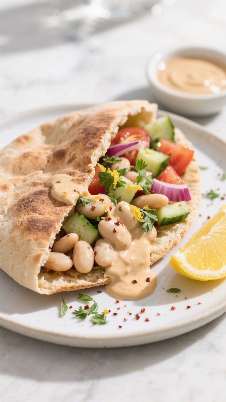 Straight-on plated presentation of Mediterranean white bean power pitas: warm whole-wheat pita pockets stuffed with cannellini beans tossed in extra-virgin olive oil, lemon juice and zest, ground cumin, and dried oregano, plus chopped cucumber, tomato, red onion, and parsley. Drizzle a silky lemon-tahini sauce over the cut surface so it runs slightly. Garnish with a pinch of sumac and extra oregano. Place a small bowl of tahini drizzle and lemon wedges alongside. Clean, sunlit scene with cool Mediterranean tones, crisp details on herbs and bean texture.