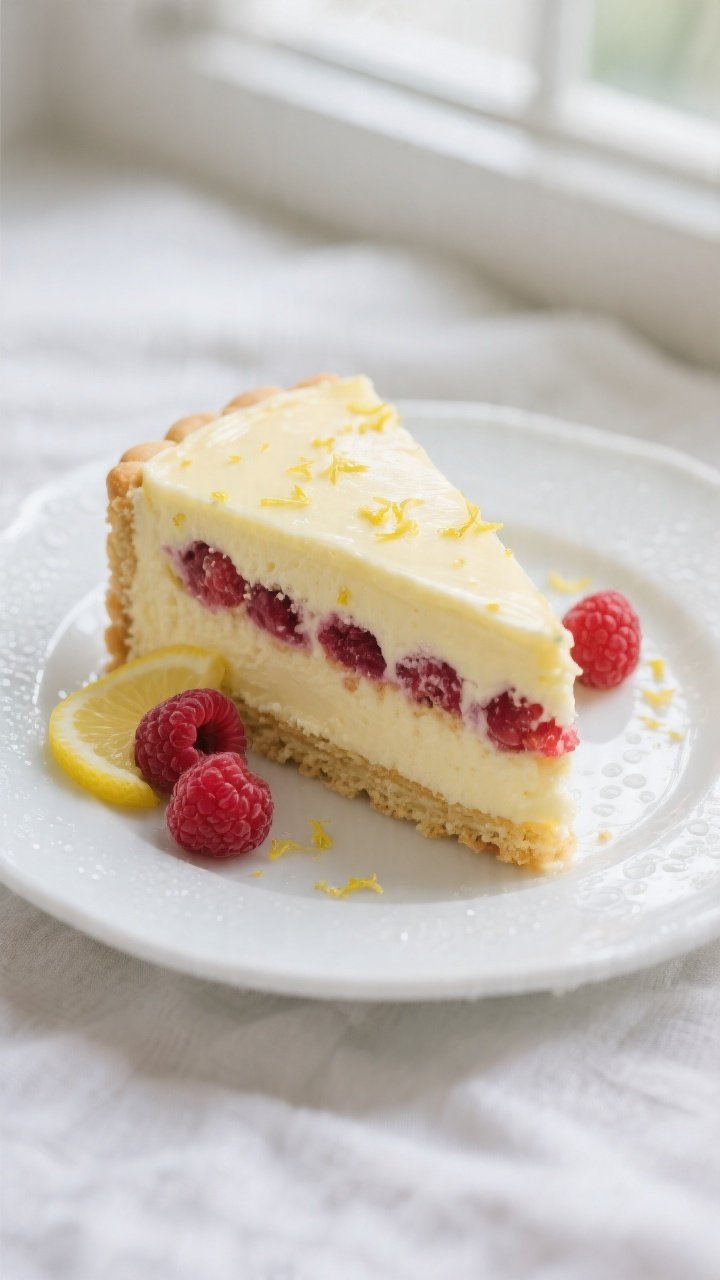 Close-up detail: A chilled slice of Lemon Raspberry Icebox Cake just after an overnight set, showing