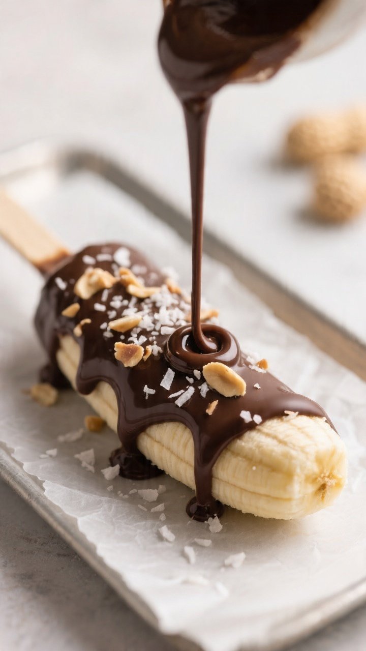 Close-up detail: A frozen peanut butter–coated banana pop being dipped and swirled into glossy mel