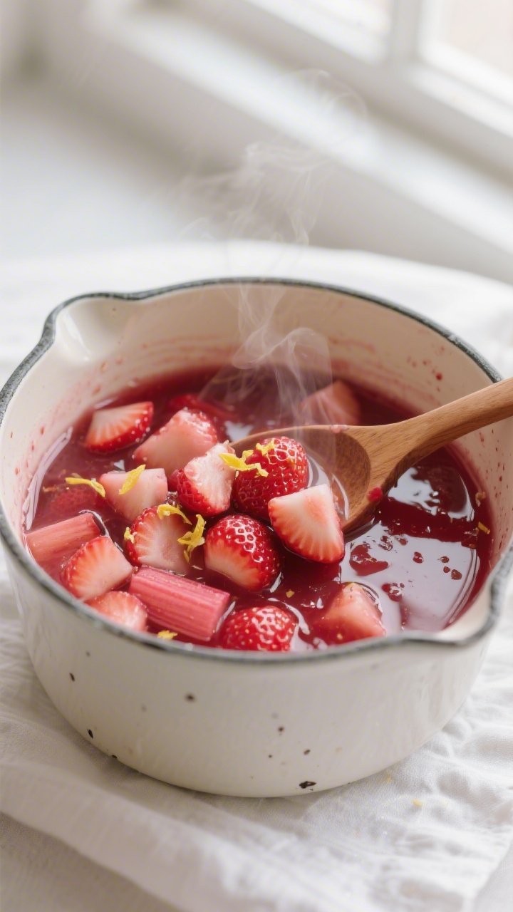 Close-up detail: A glossy strawberry–rhubarb compote just thickened and cooling in a small enamel 
