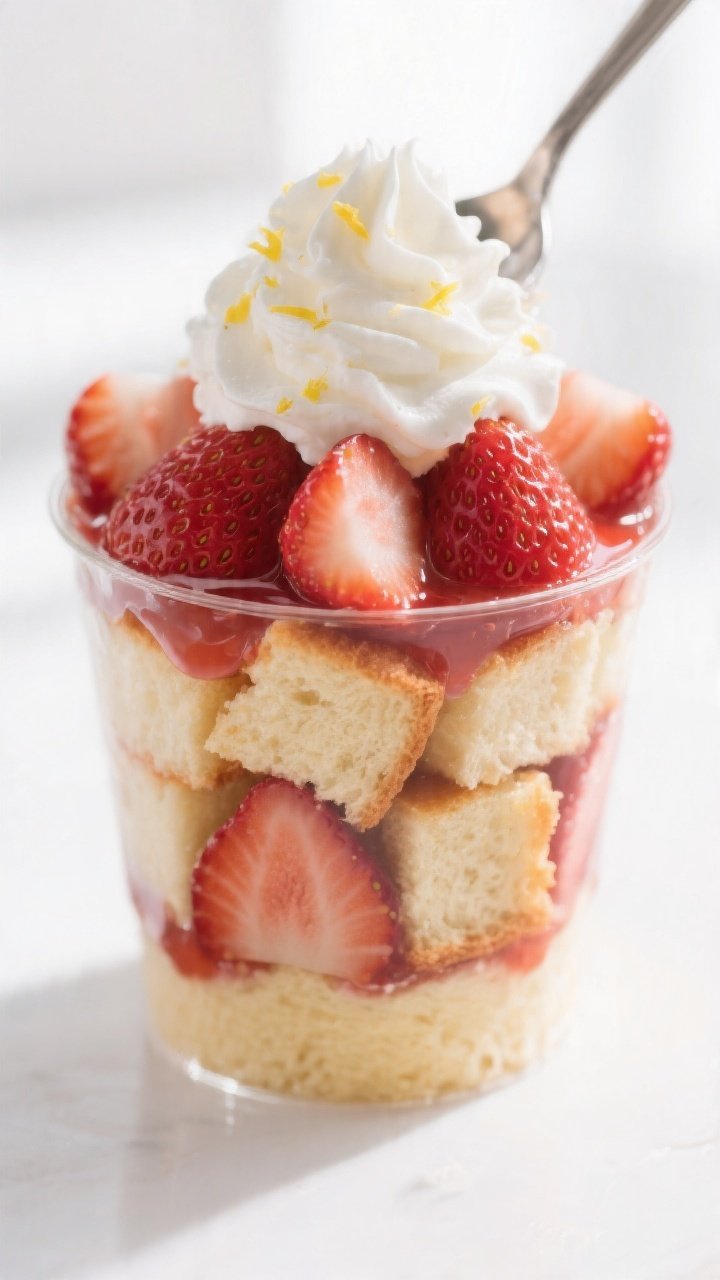 Close-up detail: A layered Strawberry Shortcake Cup mid-assembly, showing tender 1/2-inch toasted po