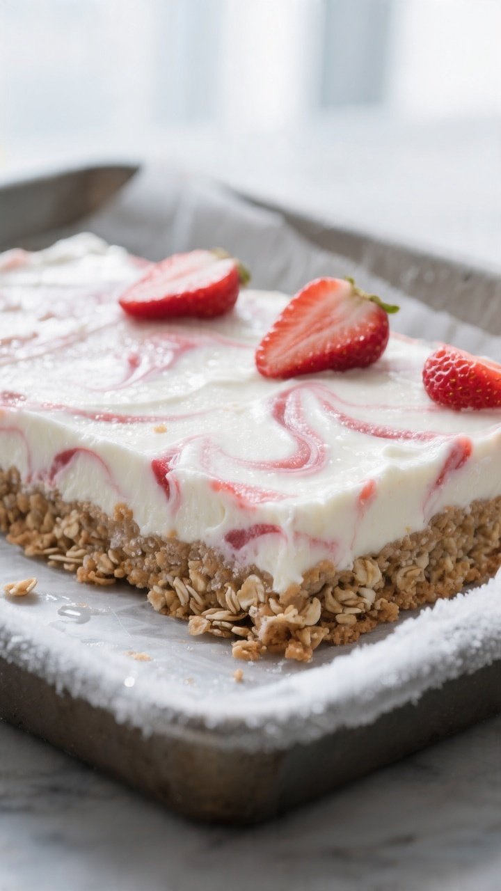Close-up detail: A slab of frozen strawberry yogurt bars just lifted from a parchment-lined 8x8 pan,