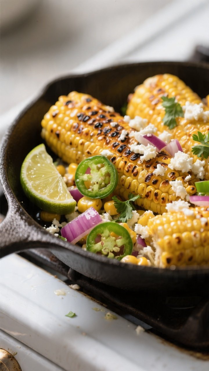 Close-up detail: Charred street corn in a skillet just off heat—lightly blistered kernels tossed w
