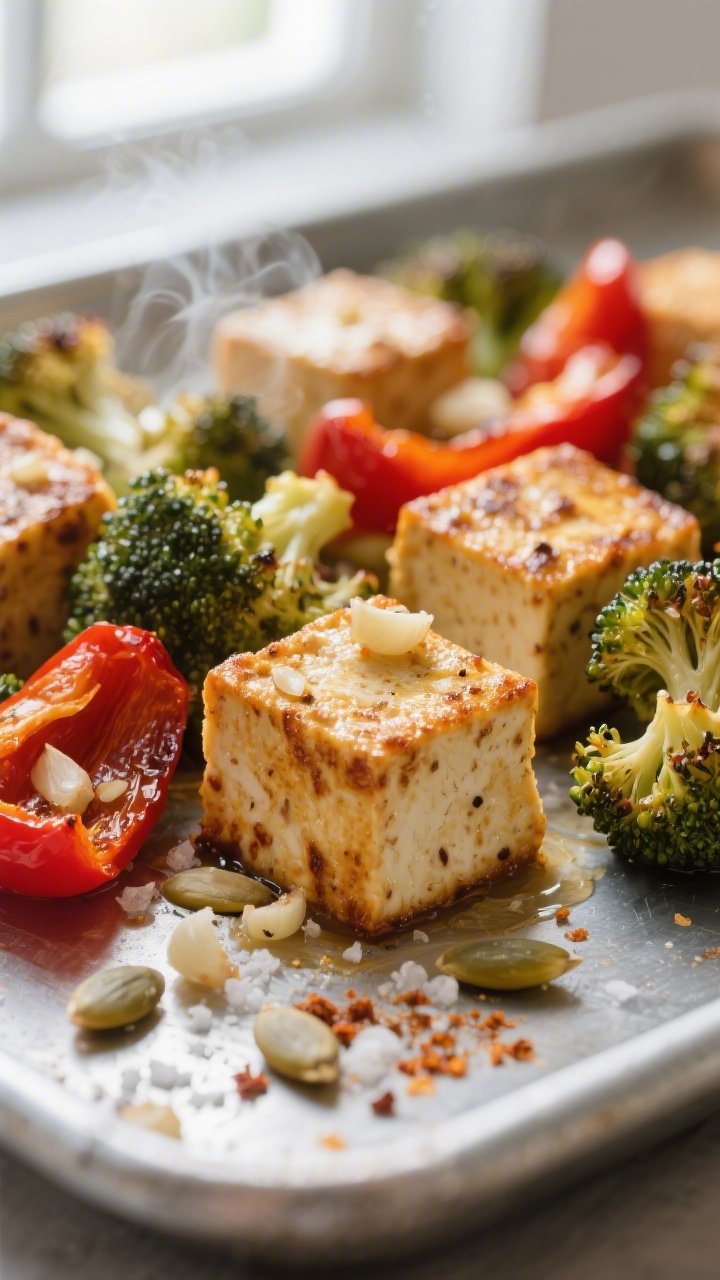 Close-up detail: Crispy baked tofu cubes fresh from the oven, golden edges dusted with garlic and a