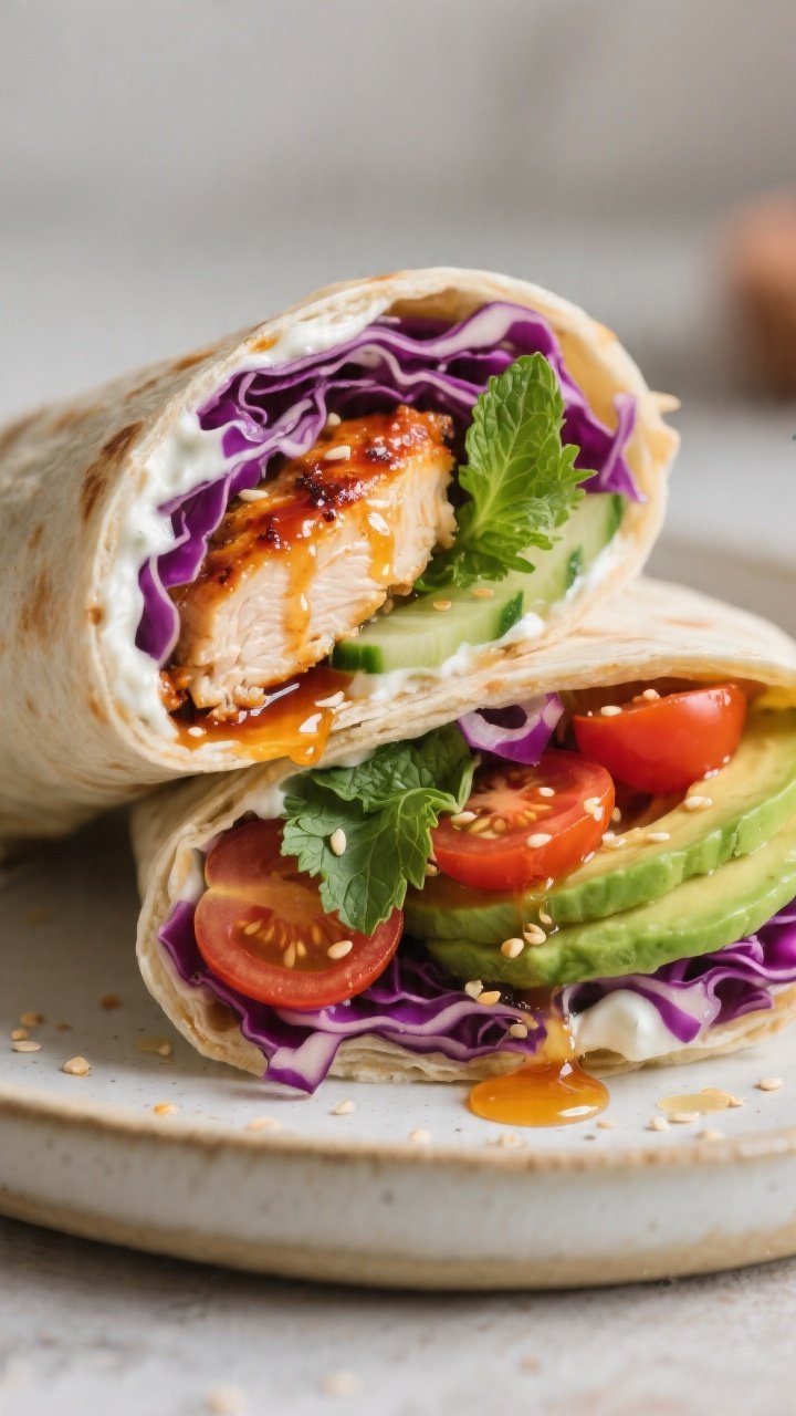 Close-up detail: Cross-section close-up of a halved Hot Honey Chicken Summer Wrap, revealing juicy h